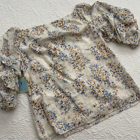 CeCe Women’s Peasant Eyelet Floral Blouse Ruffled Sleeve Cottage Size L - Picture 5 of 13